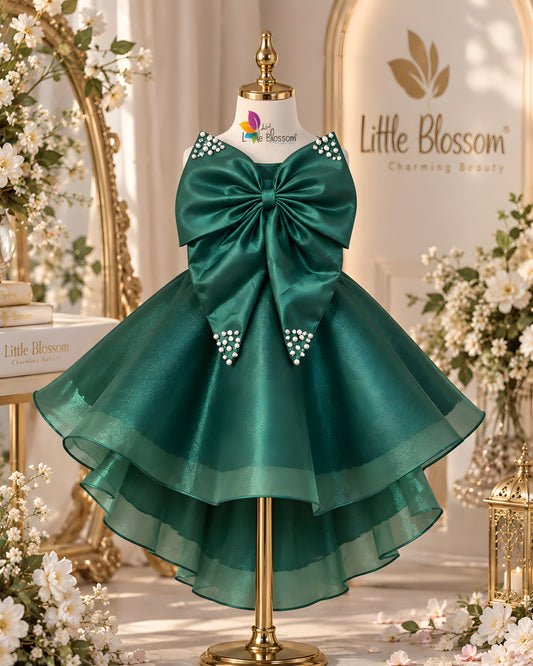 Elegant Pearl Bow High-Low Green Party Dress