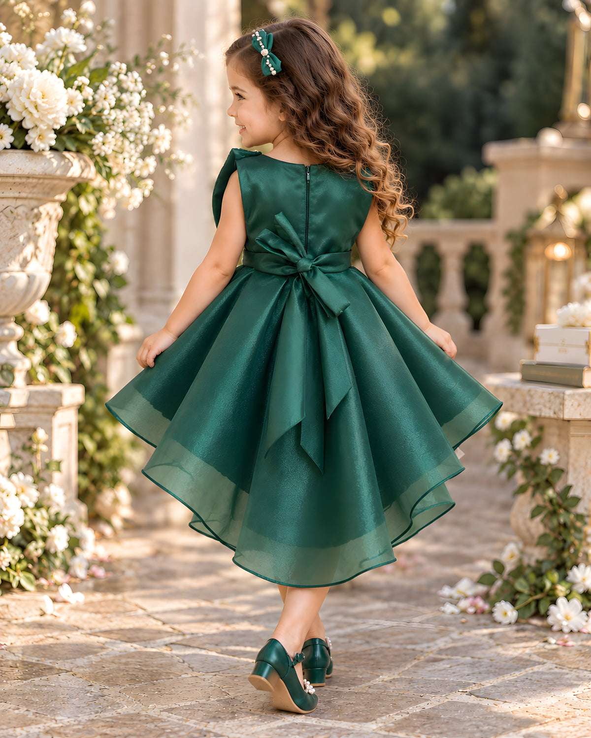 Elegant Pearl Bow High-Low Green Party Dress