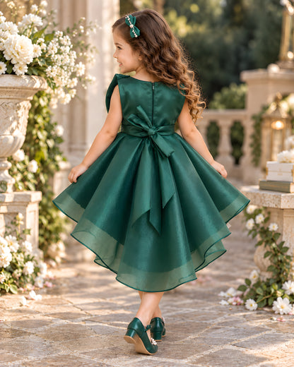 Elegant Pearl Bow High-Low Green Party Dress