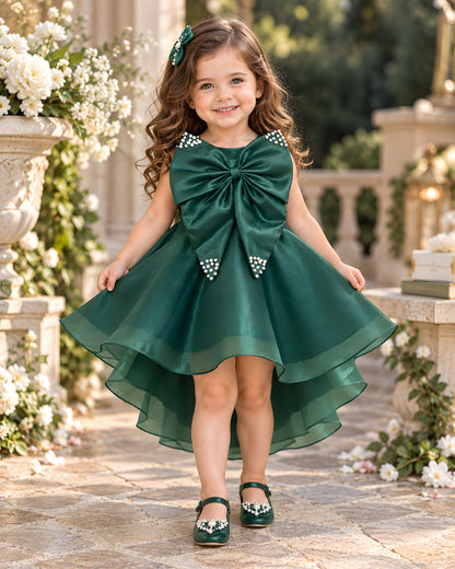 Elegant Pearl Bow High-Low Green Party Dress
