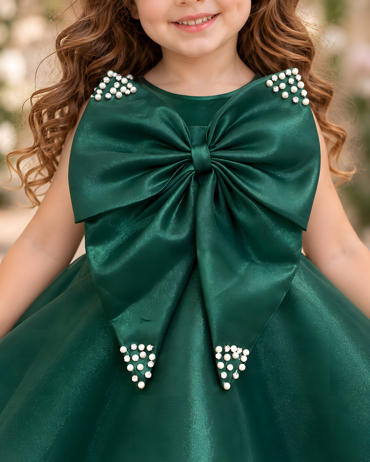 Elegant Pearl Bow High-Low Green Party Dress