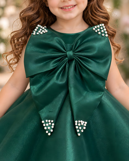 Elegant Pearl Bow High-Low Green Party Dress